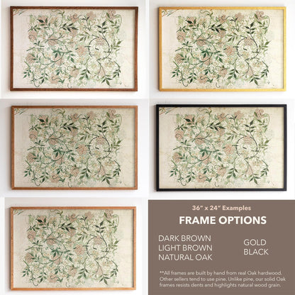 Vintage Botanical Oak Framed Wall Art | Vintage Floral Canvas Print in Soft Green & Neutral Tones for Entryway, Cottagecore Decor | WM24