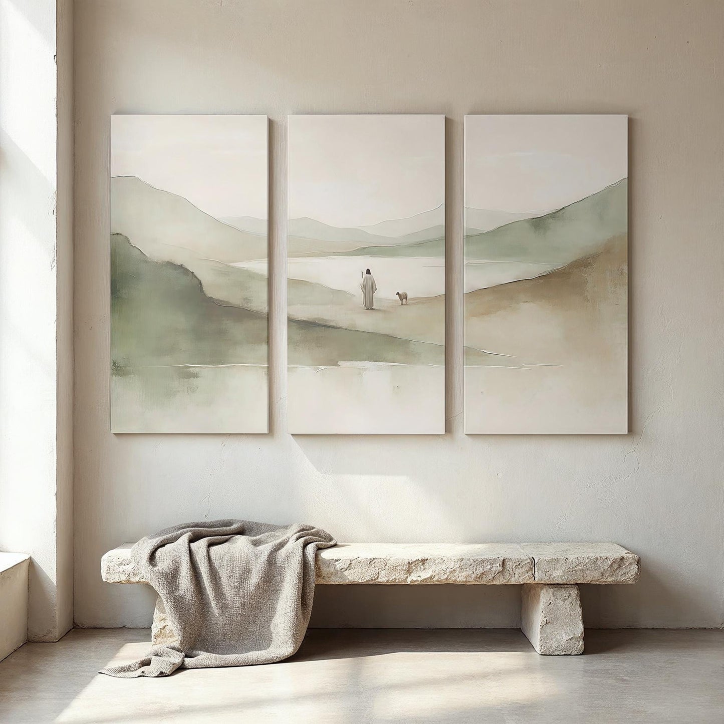 3 piece Psalm 23 Extra Large Canvas | Triptych Jesus and the Lamb Wall Art | Panoramic 3 Panel Christian Gift for Home or Prayer Room