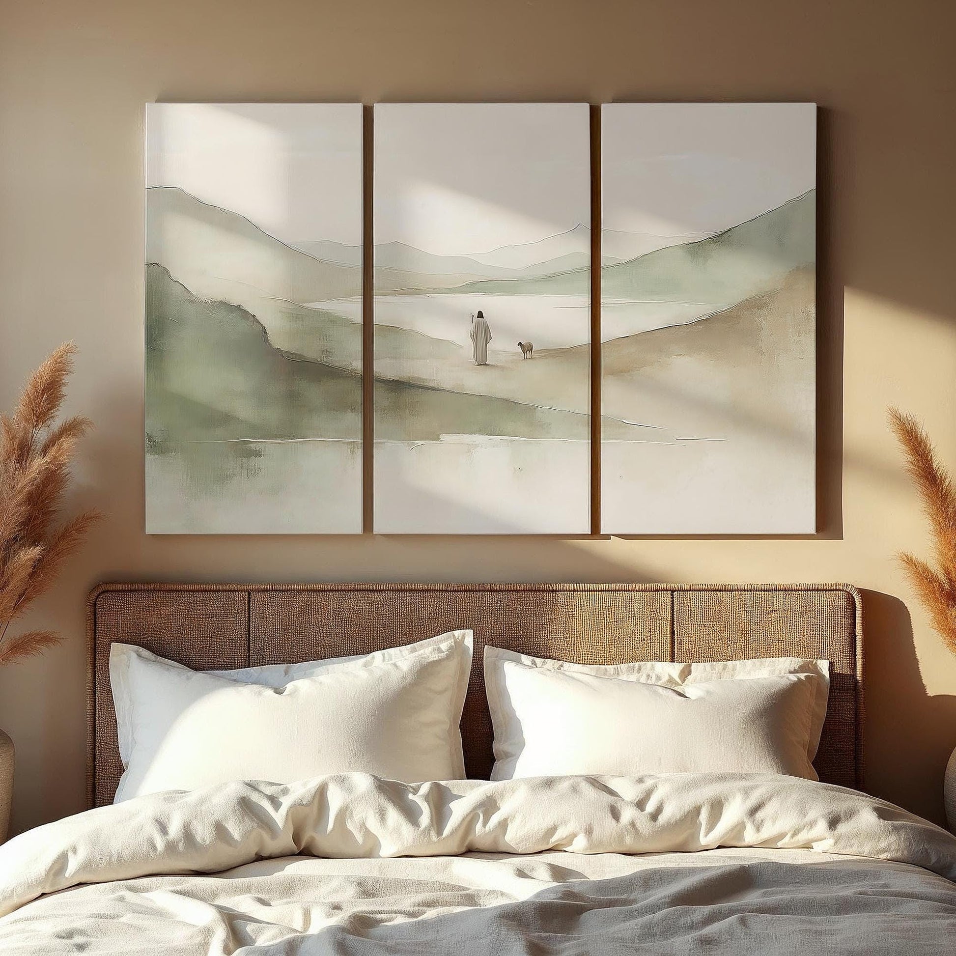 3 piece Psalm 23 Extra Large Canvas | Triptych Jesus and the Lamb Wall Art | Panoramic 3 Panel Christian Gift for Home or Prayer Room