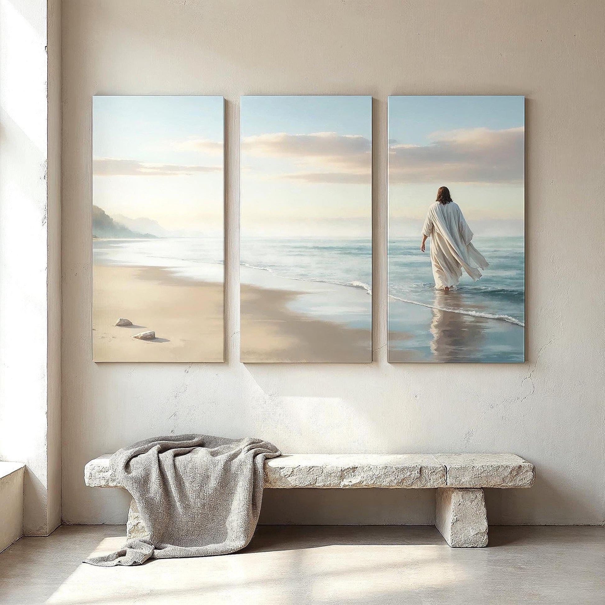 3 Piece Jesus Walking on Beach Large Canvas Set | Panoramic 3 Panel Jesus Wall Art | Christian Wall Decor | Jesus Walking on Water Wall Art