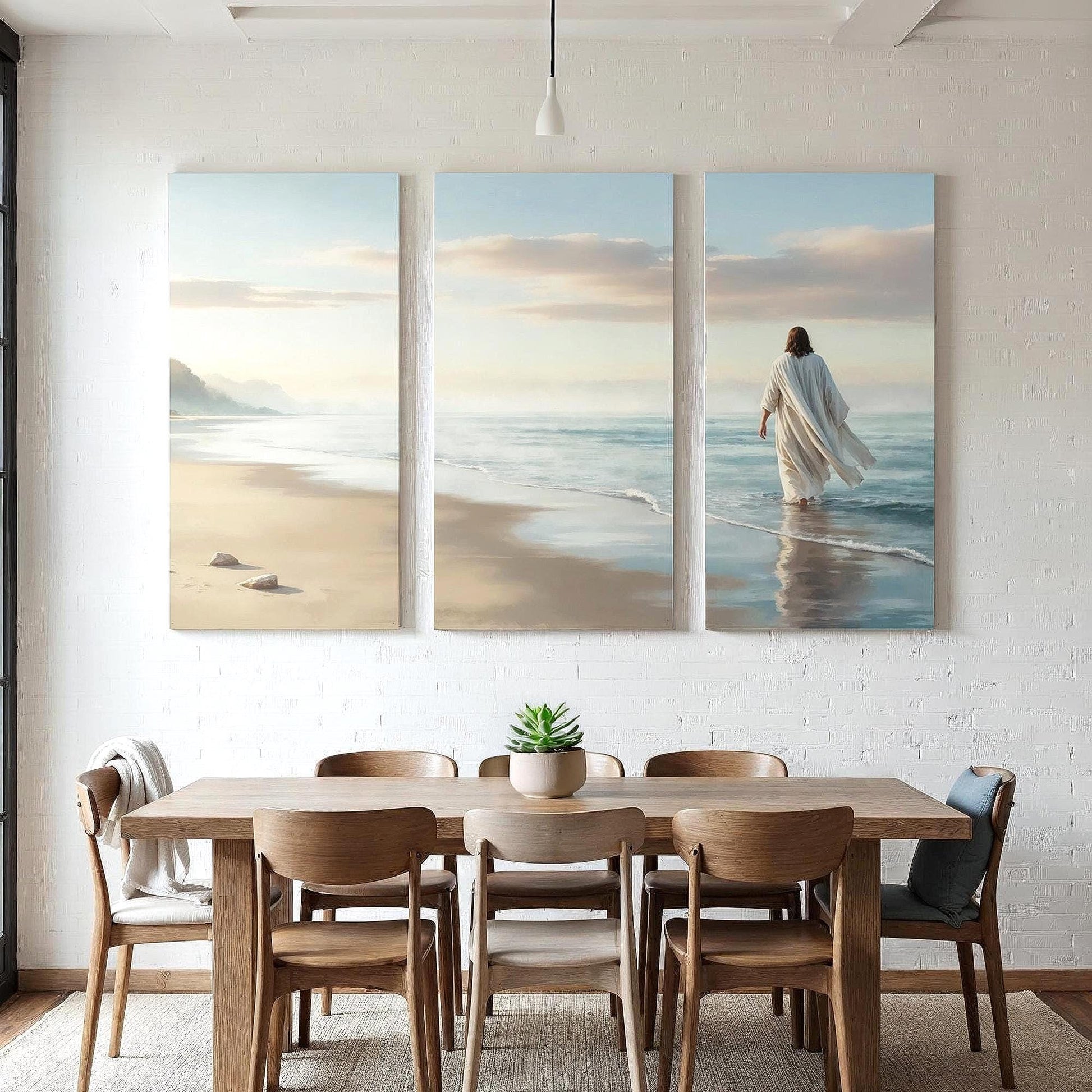 3 Piece Jesus Walking on Beach Large Canvas Set | Panoramic 3 Panel Jesus Wall Art | Christian Wall Decor | Jesus Walking on Water Wall Art