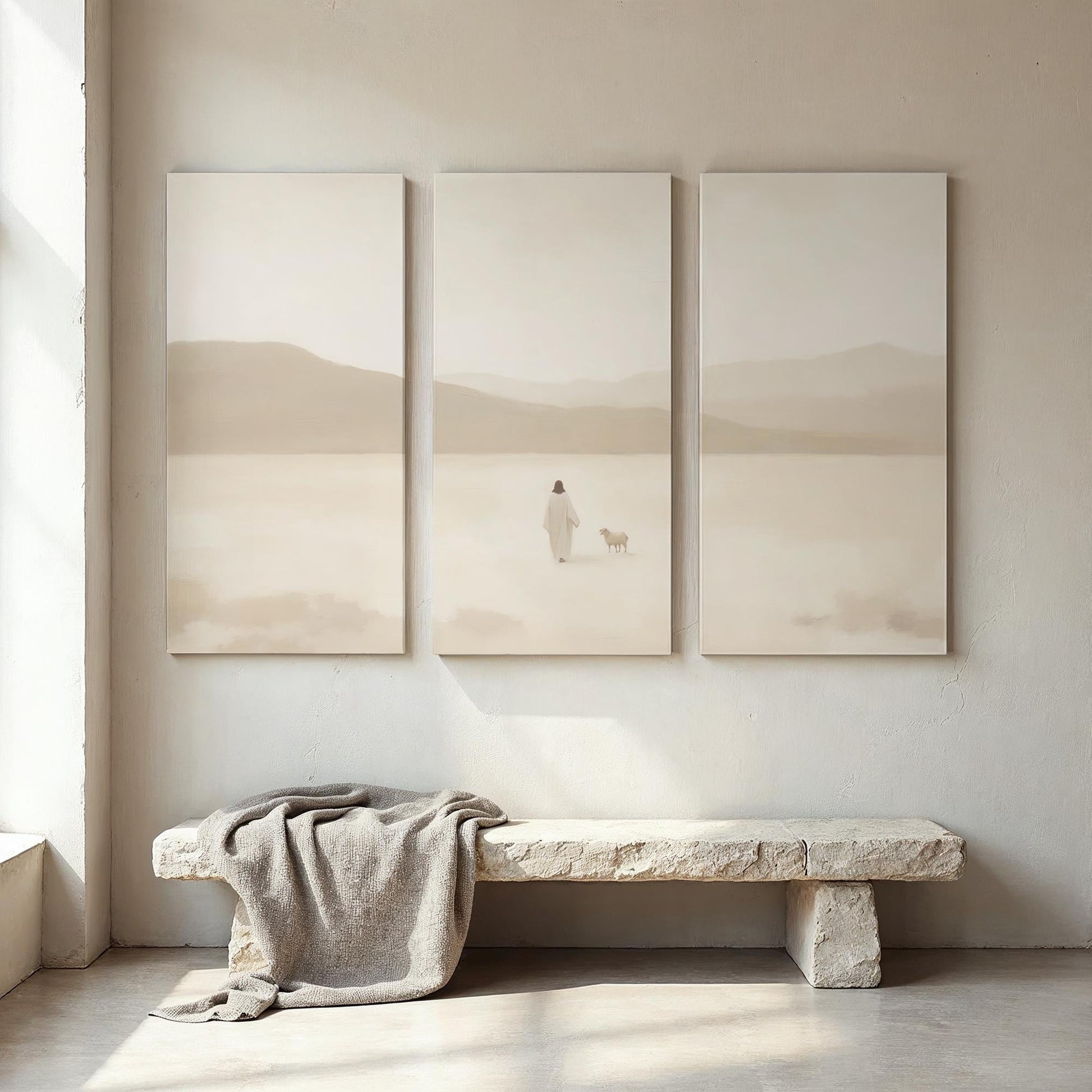 3 piece Christian Canvas Set | Jesus and the Lost Sheep Triptych Print | Luke 15:4 Wall Art | Panoramic 3 Panel Minimalist Christian Art