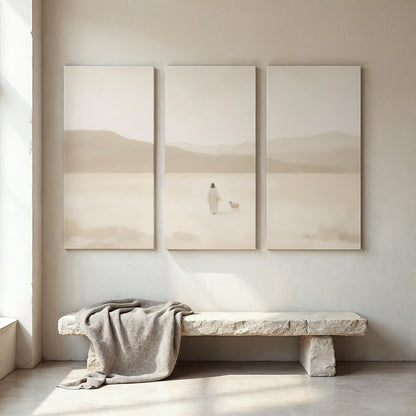 3 piece Christian Canvas Set | Jesus and the Lost Sheep Triptych Print | Luke 15:4 Wall Art | Panoramic 3 Panel Minimalist Christian Art
