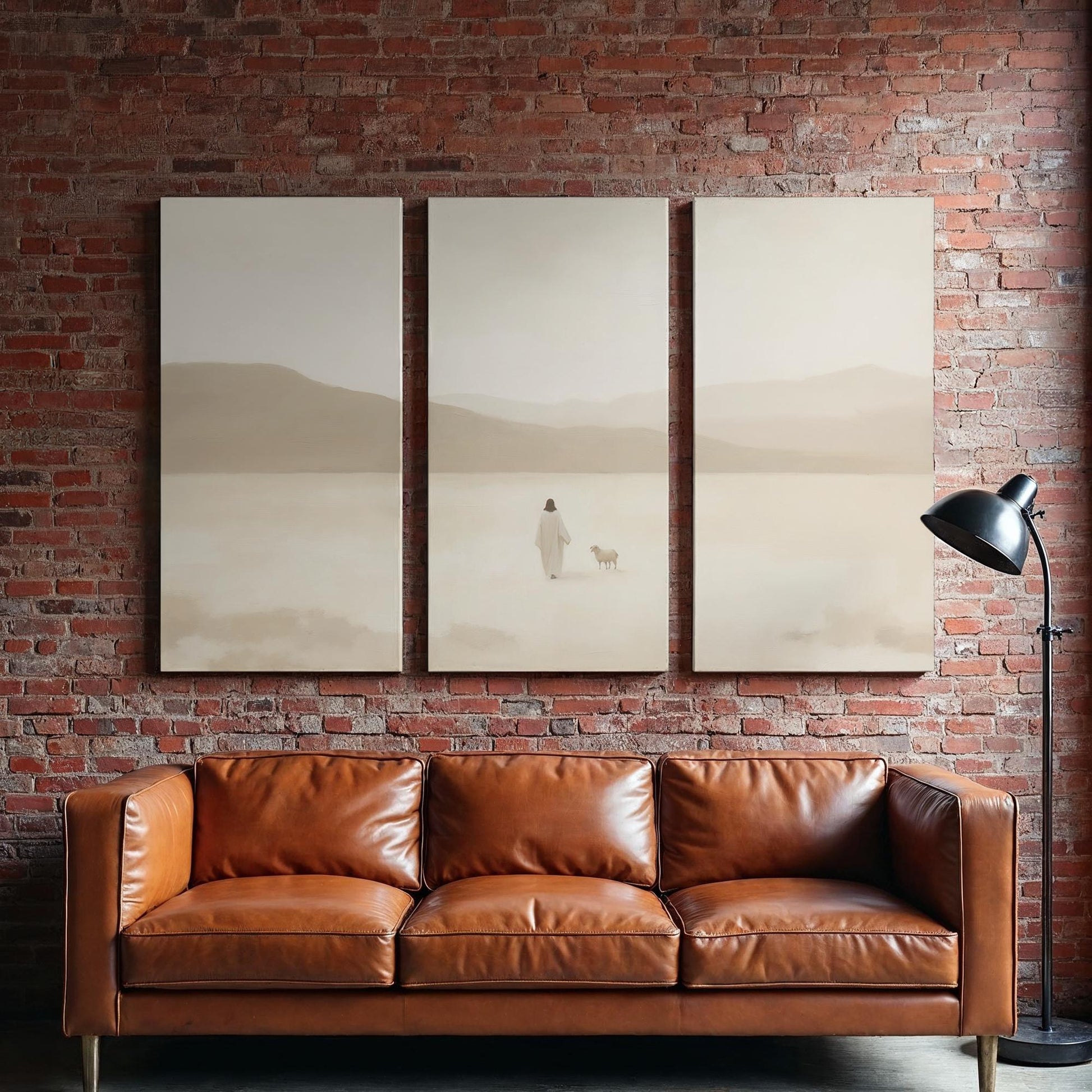 3 piece Christian Canvas Set | Jesus and the Lost Sheep Triptych Print | Luke 15:4 Wall Art | Panoramic 3 Panel Minimalist Christian Art