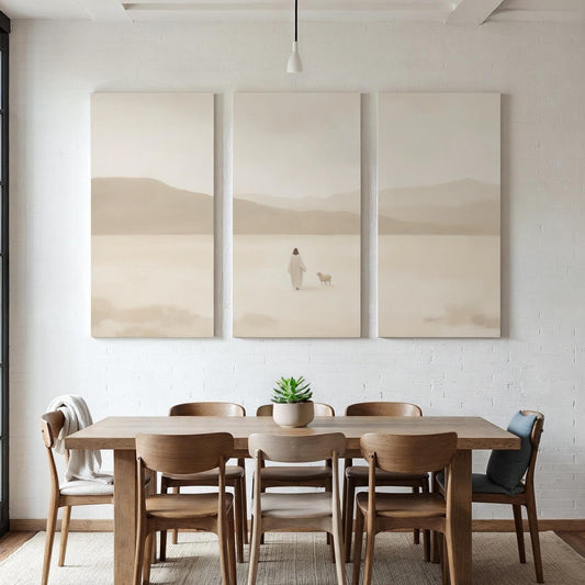 3 piece Christian Canvas Set | Jesus and the Lost Sheep Triptych Print | Luke 15:4 Wall Art | Panoramic 3 Panel Minimalist Christian Art