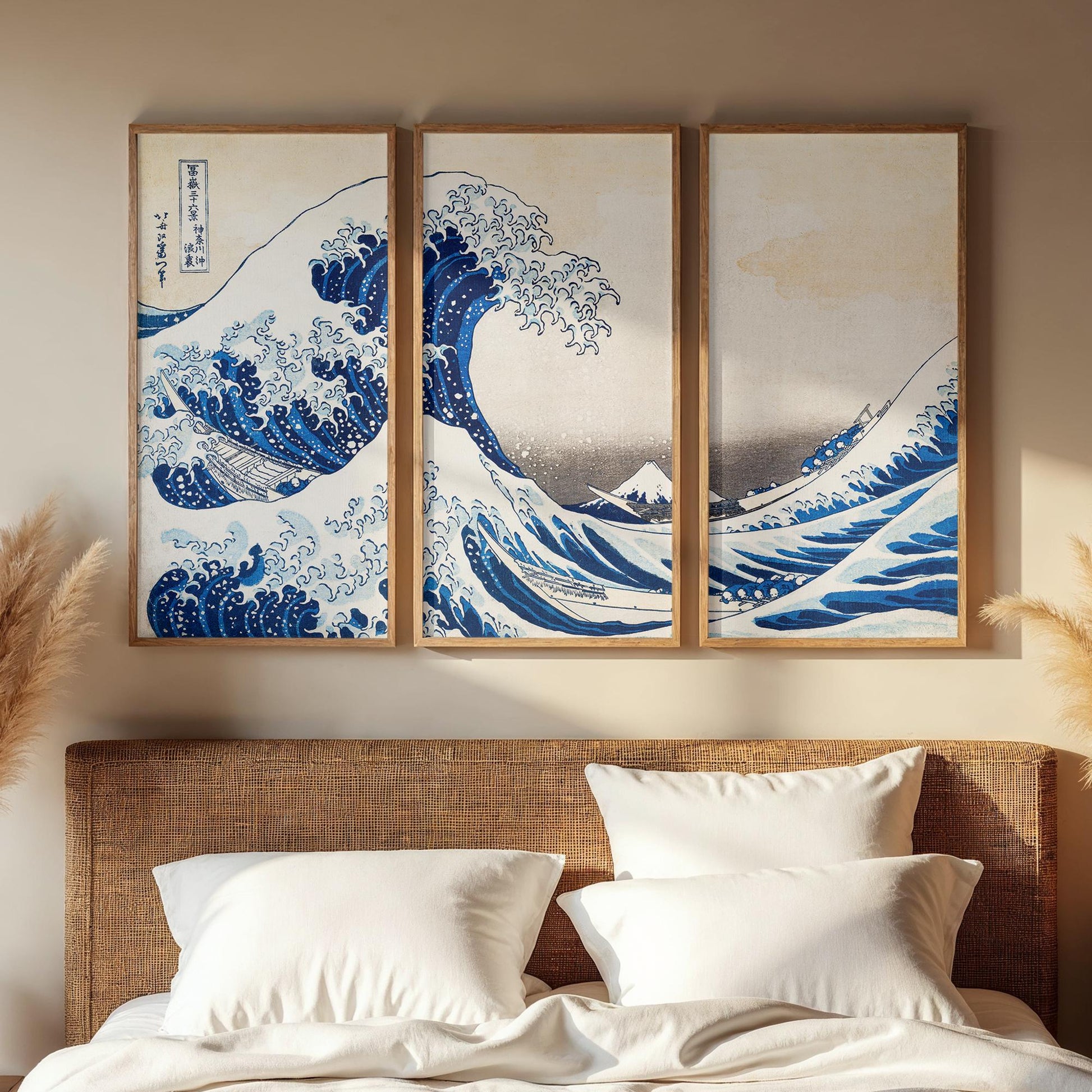 Large 3 Panel Framed Wall Art | Vintage Japanese Under the Wave Painting Split Framed Art | Panoramic Nautical Art | Peaceful Japanese Art