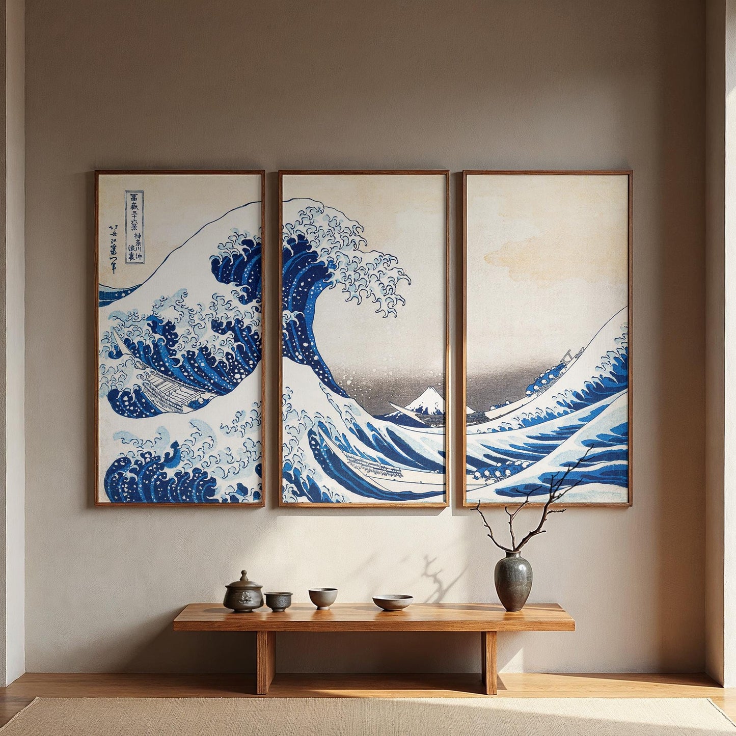 Large 3 Panel Framed Wall Art | Vintage Japanese Under the Wave Painting Split Framed Art | Panoramic Nautical Art | Peaceful Japanese Art