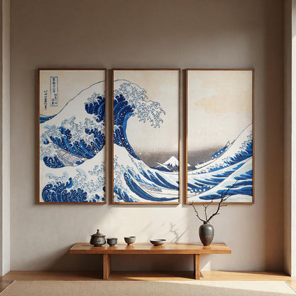 Large 3 Panel Framed Wall Art | Vintage Japanese Under the Wave Painting Split Framed Art | Panoramic Nautical Art | Peaceful Japanese Art
