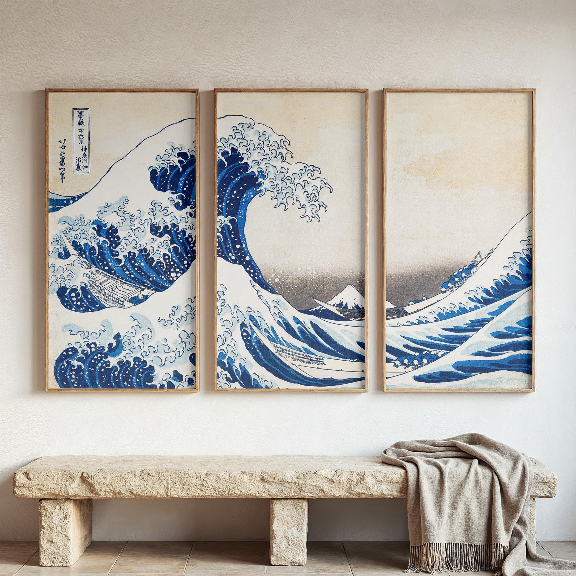 Large 3 Panel Framed Wall Art | Vintage Japanese Under the Wave Painting Split Framed Art | Panoramic Nautical Art | Peaceful Japanese Art