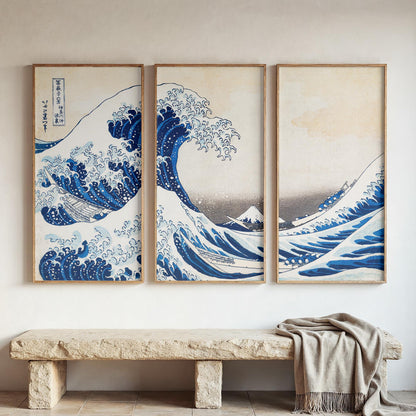 Large 3 Panel Framed Wall Art | Vintage Japanese Under the Wave Painting Split Framed Art | Panoramic Nautical Art | Peaceful Japanese Art