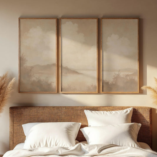 Large 3 Panel Framed Fine Art | Abstract Sepia Taupe Split Framed Art | Minimalistic Fine Art | Simple Beige Color Art