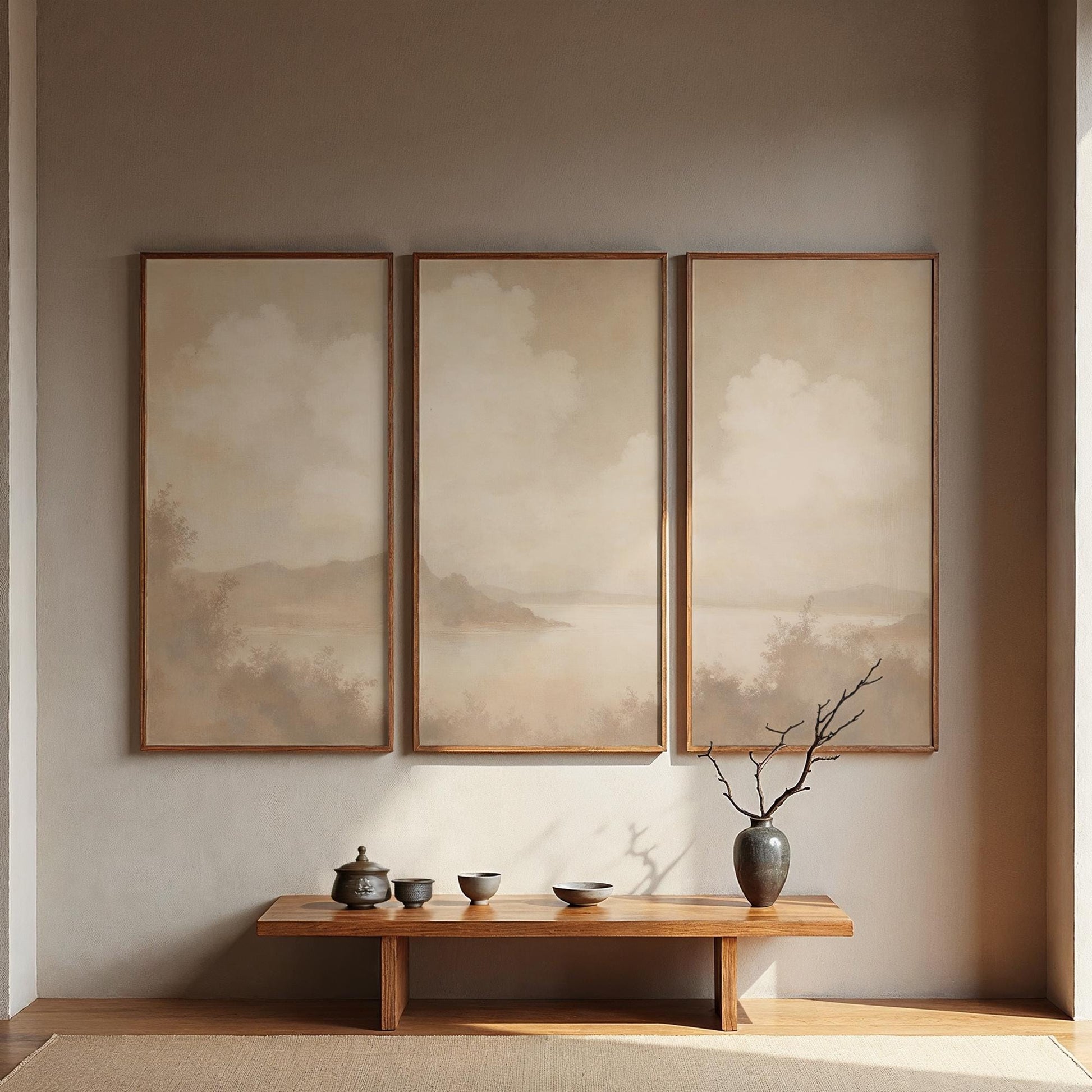Large 3 Panel Framed Fine Art | Abstract Sepia Taupe Split Framed Art | Minimalistic Fine Art | Simple Beige Color Art