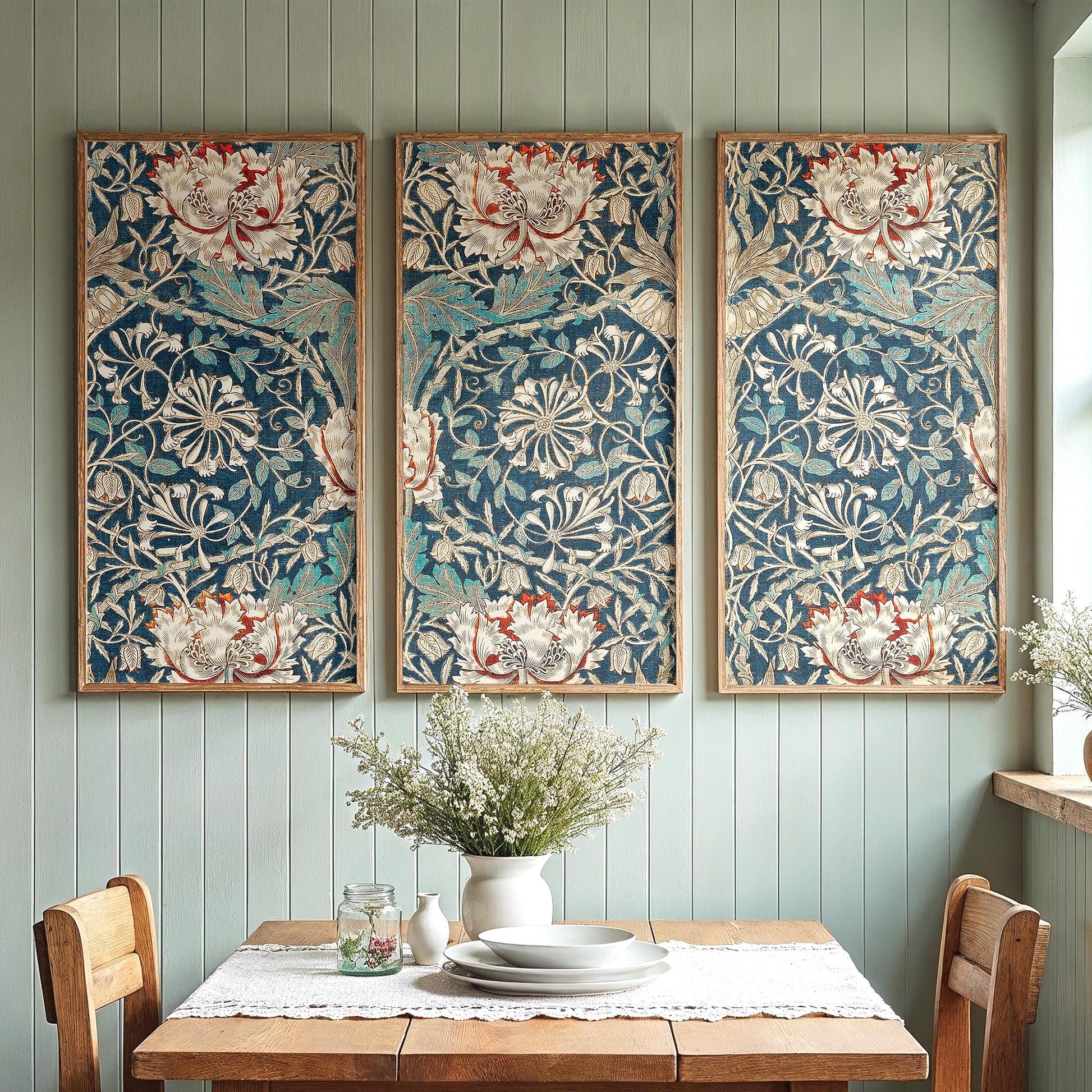 Extra Large 3 Panel Framed William Morris Art | Floral Pattern Split Framed Art | Textile Fine Art | Victorian Style Art | WM33