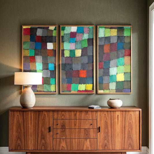 Large 3 Panel Framed Mosaic May Picture Art | Abstract Split Framed Art | Paul Klee Fine Art | Abstract Style Art