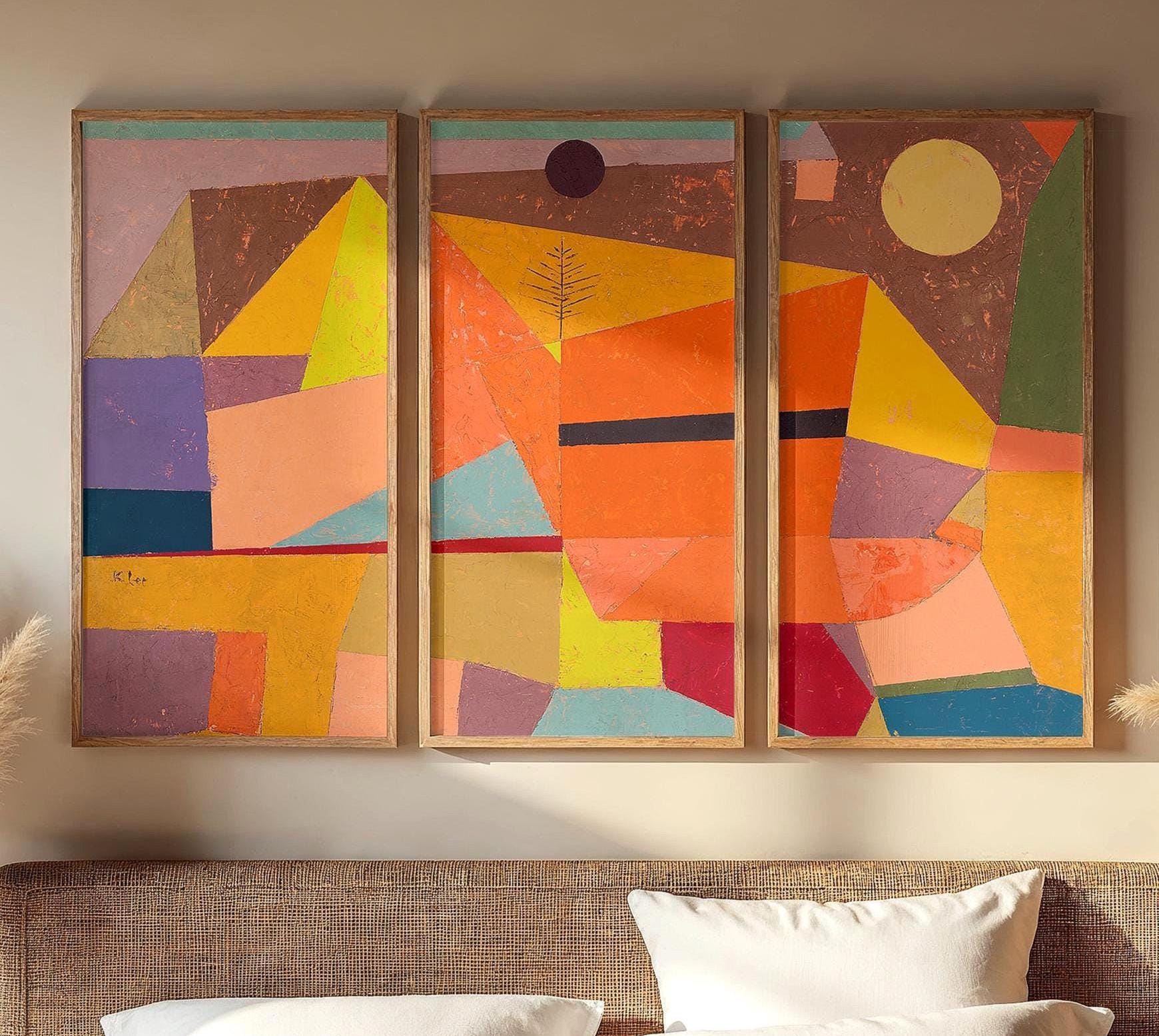 Large 3 Panel Framed Abstract Paul Klee Art | Joyful Mountain Framed Art | Abstract Landscape Fine Art | Abstract Painting Style Art