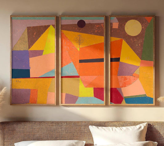 Large 3 Panel Framed Abstract Paul Klee Art | Joyful Mountain Framed Art | Abstract Landscape Fine Art | Abstract Painting Style Art