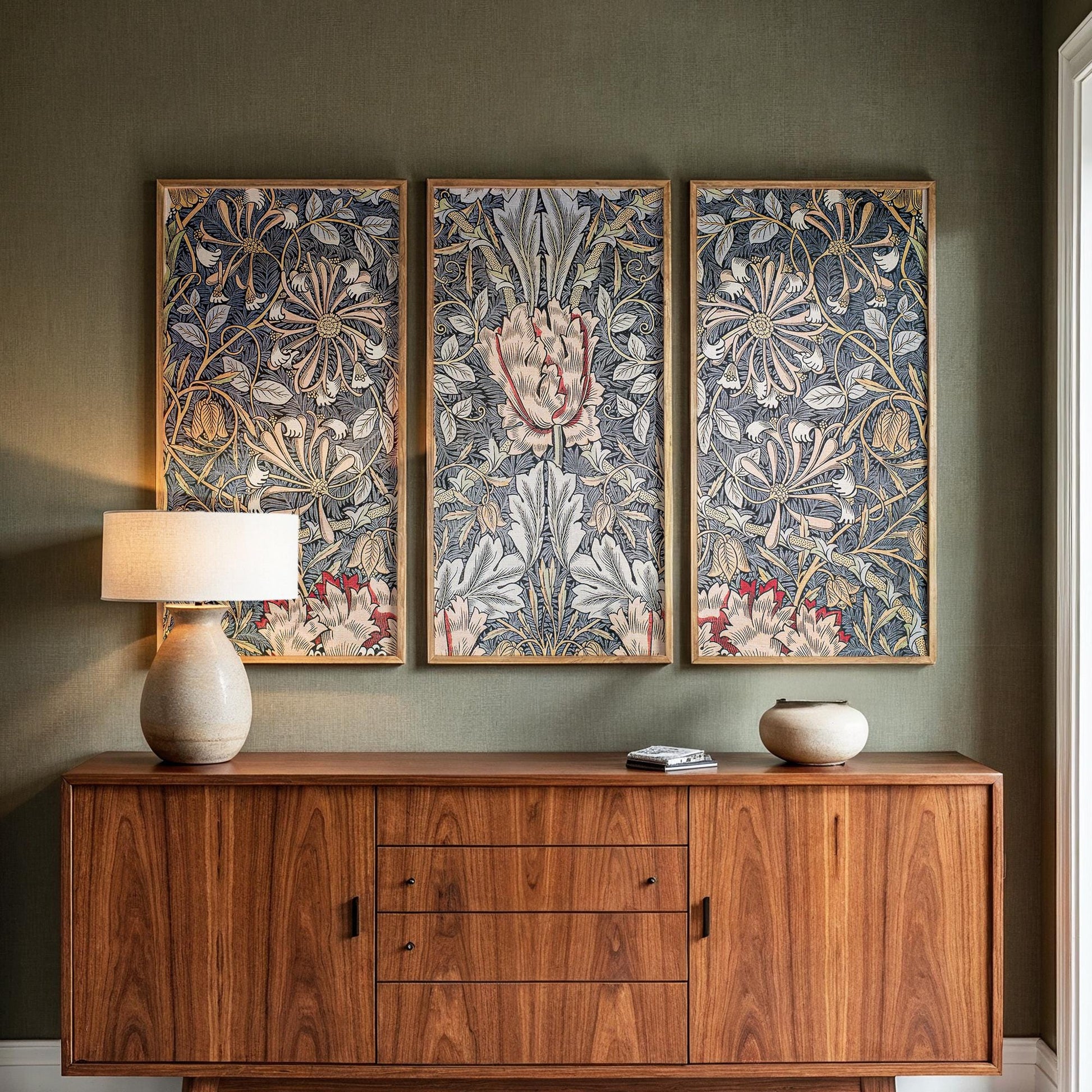 Large 3 Panel Framed Botanical Pattern Art | William Morris Framed Art | Floral Pattern Fine Art | Vintage Painting Style Art