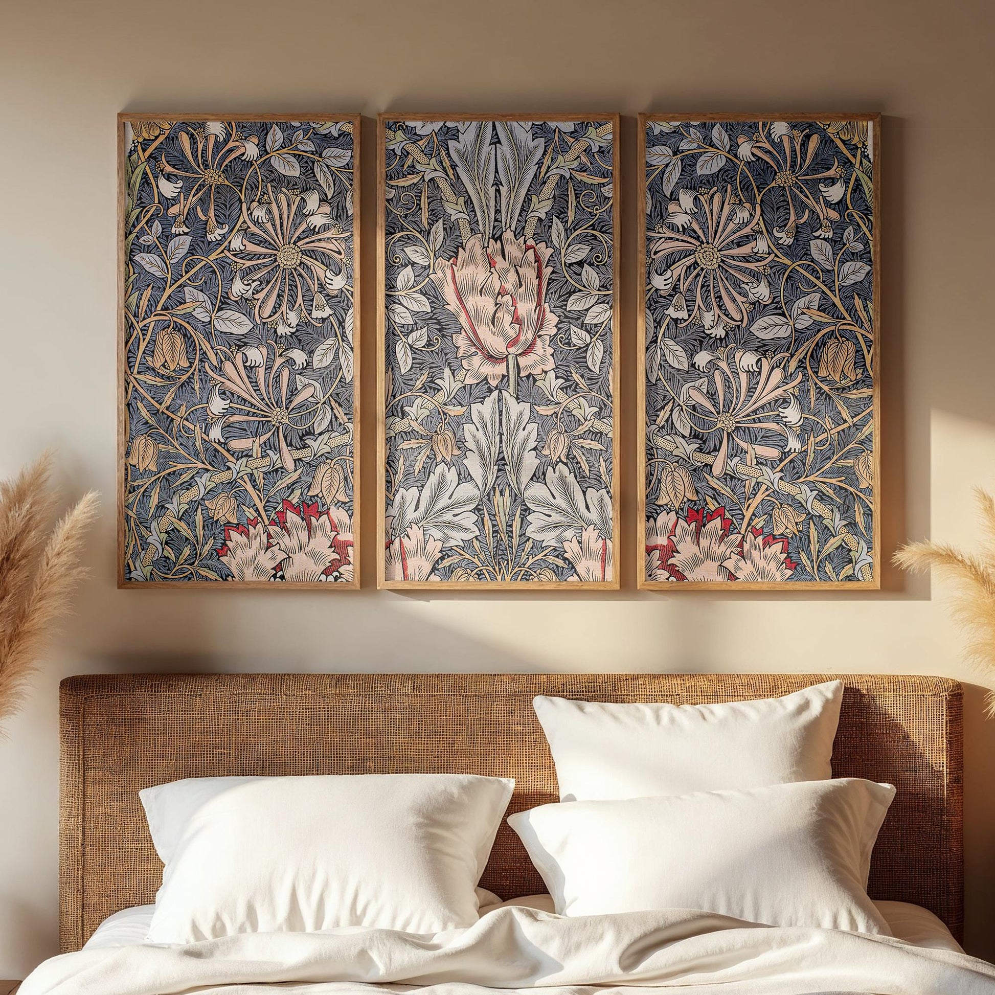 Large 3 Panel Framed Botanical Pattern Art | William Morris Framed Art | Floral Pattern Fine Art | Vintage Painting Style Art