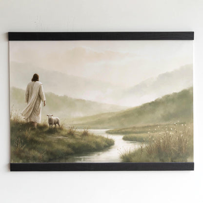Psalm 23 Quiet Waters Tapestry | Scripture Hanging Wall Art | Jesus and His Sheep Print | Faith Based Home Decor | Christian Shepherd