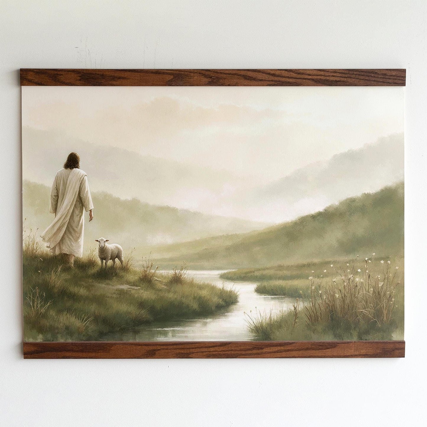 Psalm 23 Quiet Waters Tapestry | Scripture Hanging Wall Art | Jesus and His Sheep Print | Faith Based Home Decor | Christian Shepherd