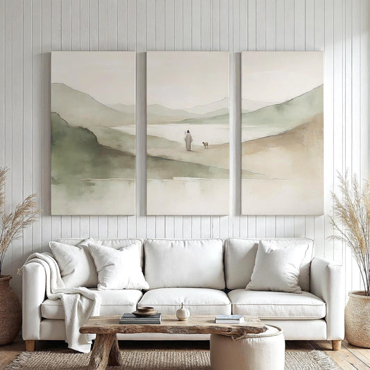 3 piece Psalm 23 Extra Large Canvas | Triptych Jesus and the Lamb Wall Art | Panoramic 3 Panel Christian Gift for Home or Prayer Room