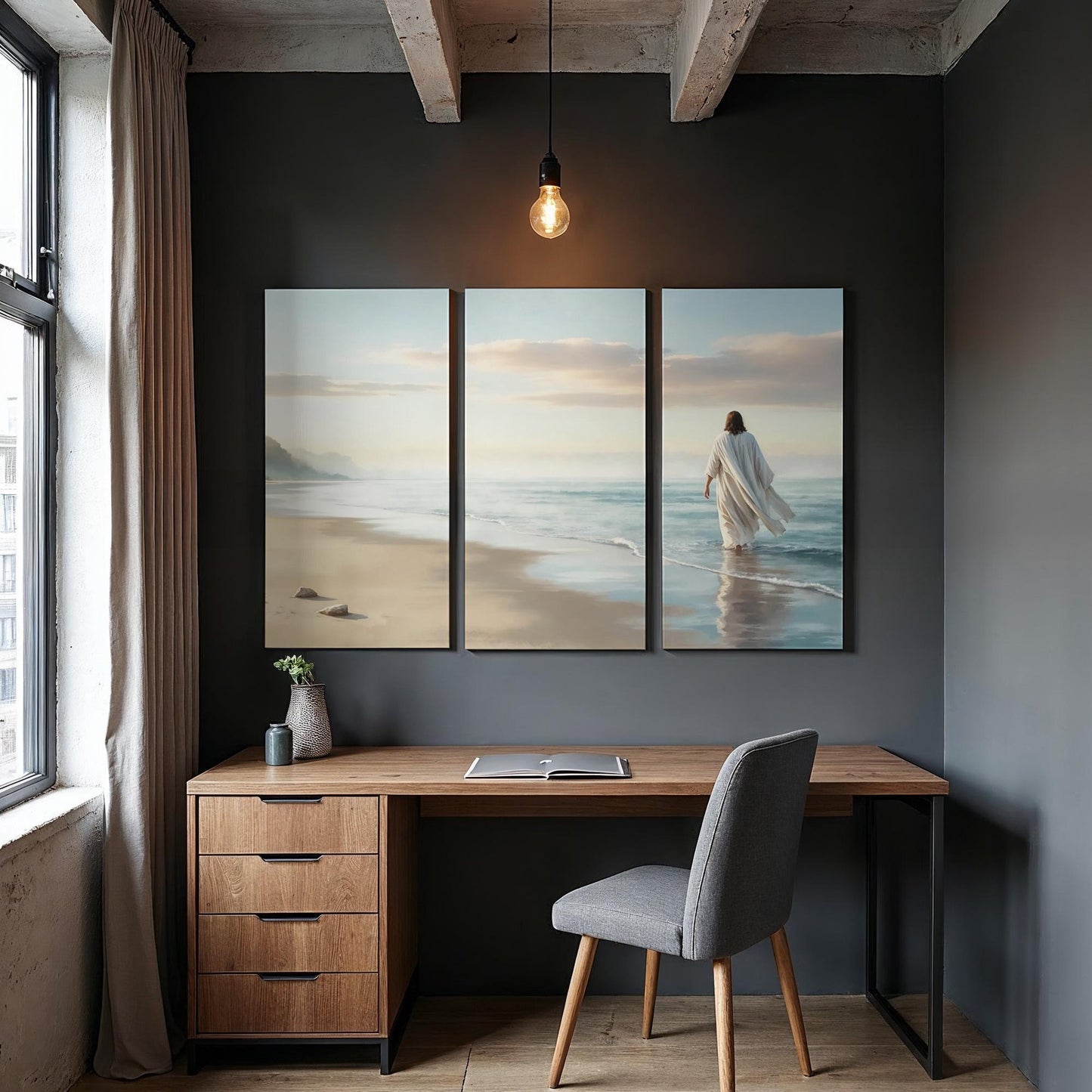 3 Piece Jesus Walking on Beach Large Canvas Set | Panoramic 3 Panel Jesus Wall Art | Christian Wall Decor | Jesus Walking on Water Wall Art