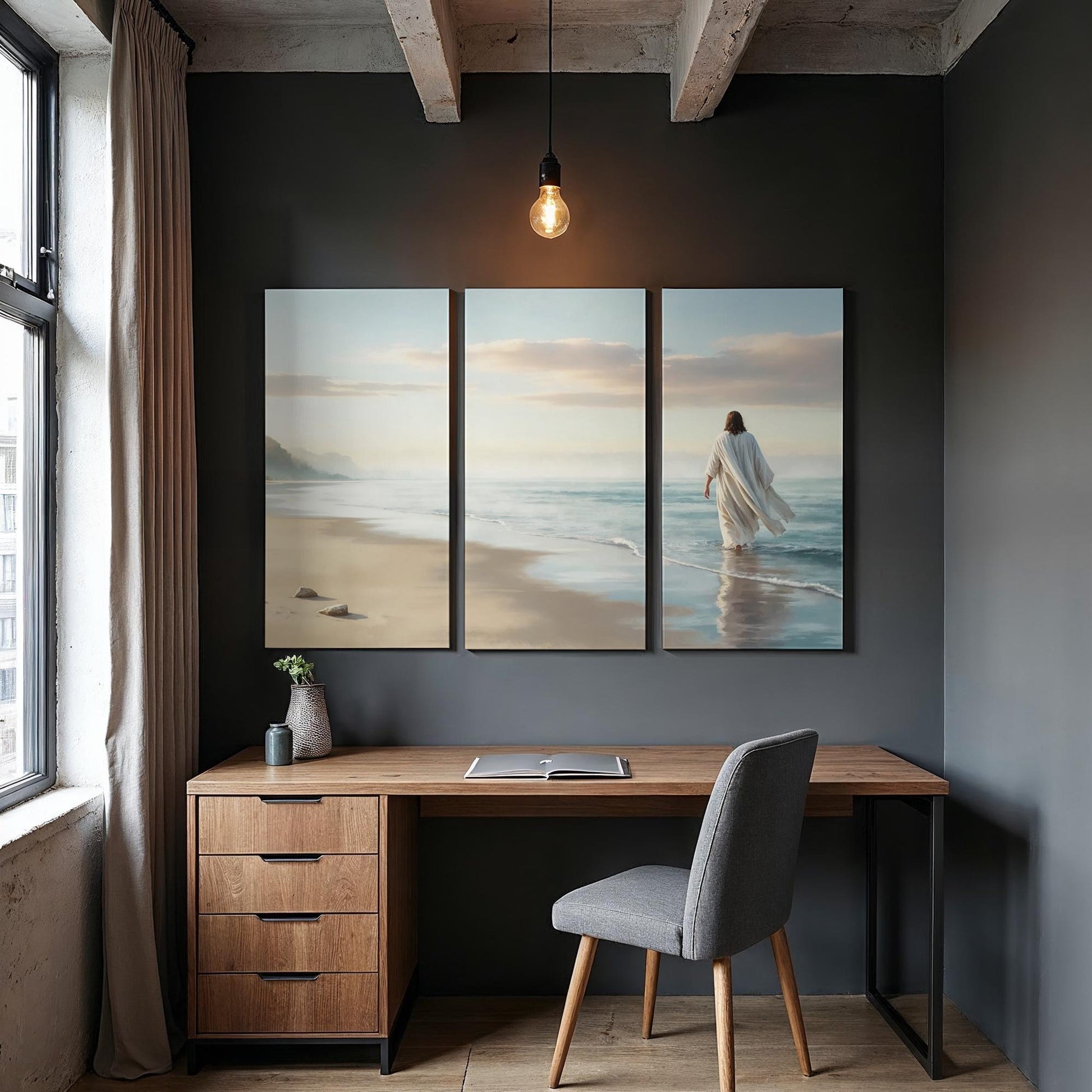 3 Piece Jesus Walking on Beach Large Canvas Set | Panoramic 3 Panel Jesus Wall Art | Christian Wall Decor | Jesus Walking on Water Wall Art