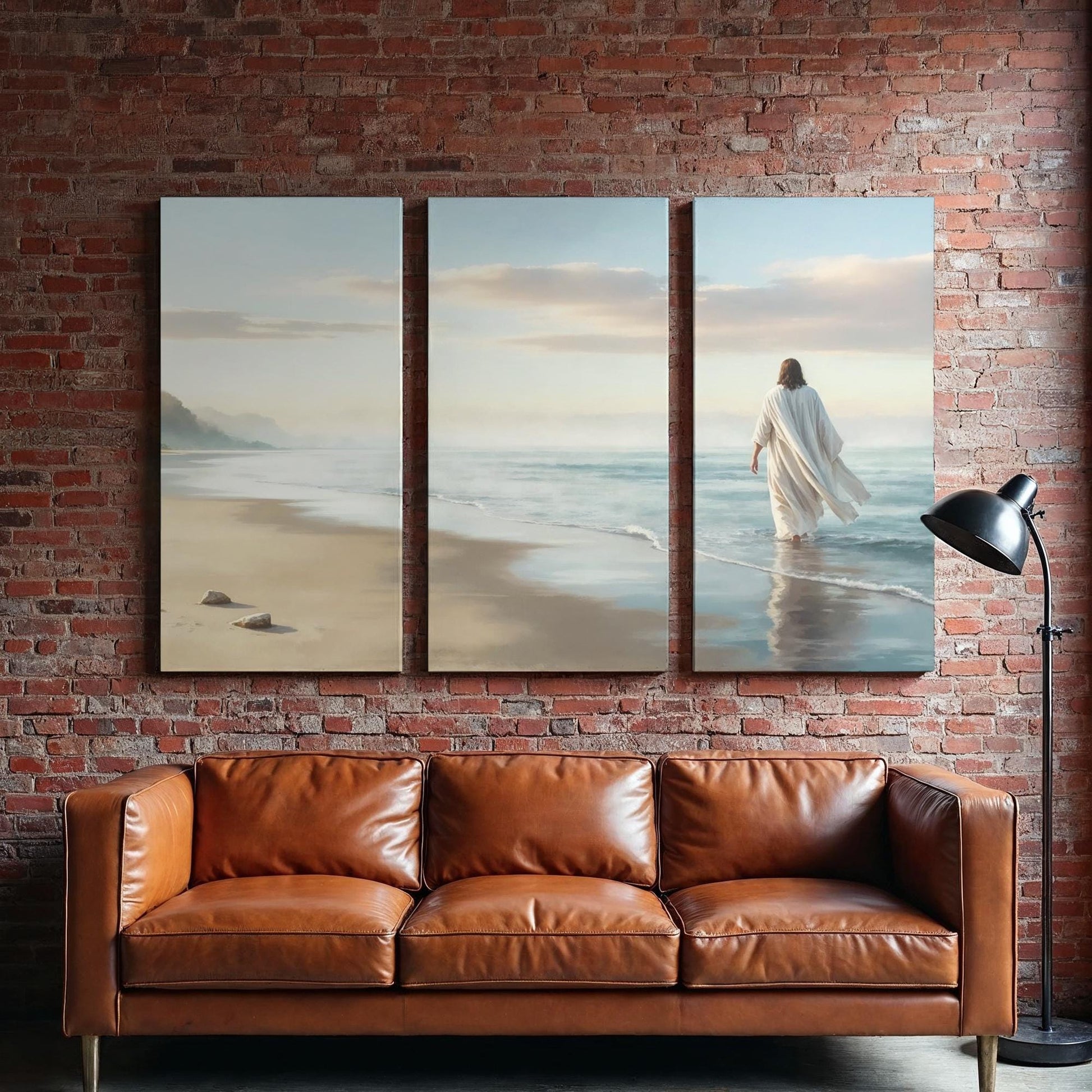3 Piece Jesus Walking on Beach Large Canvas Set | Panoramic 3 Panel Jesus Wall Art | Christian Wall Decor | Jesus Walking on Water Wall Art