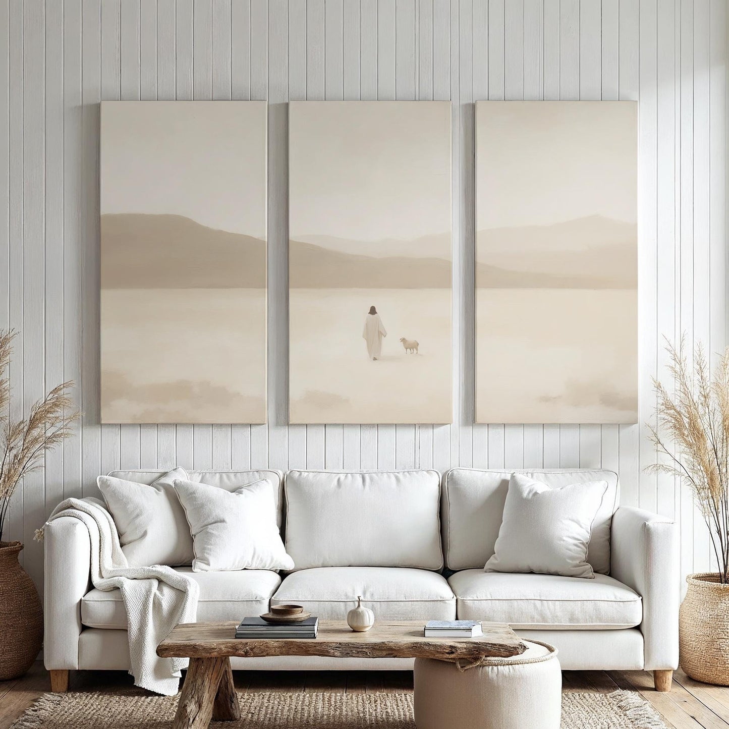 3 piece Christian Canvas Set | Jesus and the Lost Sheep Triptych Print | Luke 15:4 Wall Art | Panoramic 3 Panel Minimalist Christian Art