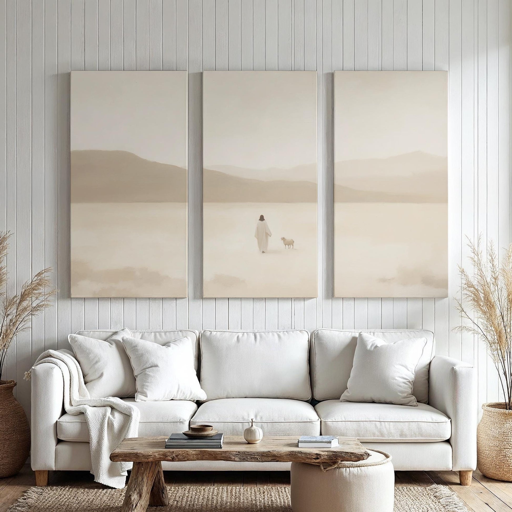 3 piece Christian Canvas Set | Jesus and the Lost Sheep Triptych Print | Luke 15:4 Wall Art | Panoramic 3 Panel Minimalist Christian Art