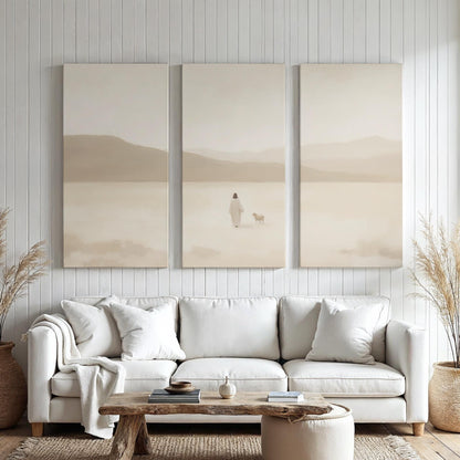 3 piece Christian Canvas Set | Jesus and the Lost Sheep Triptych Print | Luke 15:4 Wall Art | Panoramic 3 Panel Minimalist Christian Art