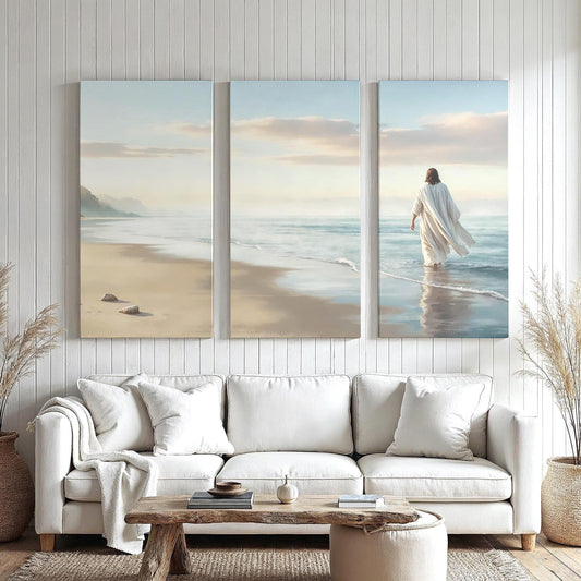 3 Piece Jesus Walking on Beach Large Canvas Set | Panoramic 3 Panel Jesus Wall Art | Christian Wall Decor | Jesus Walking on Water Wall Art