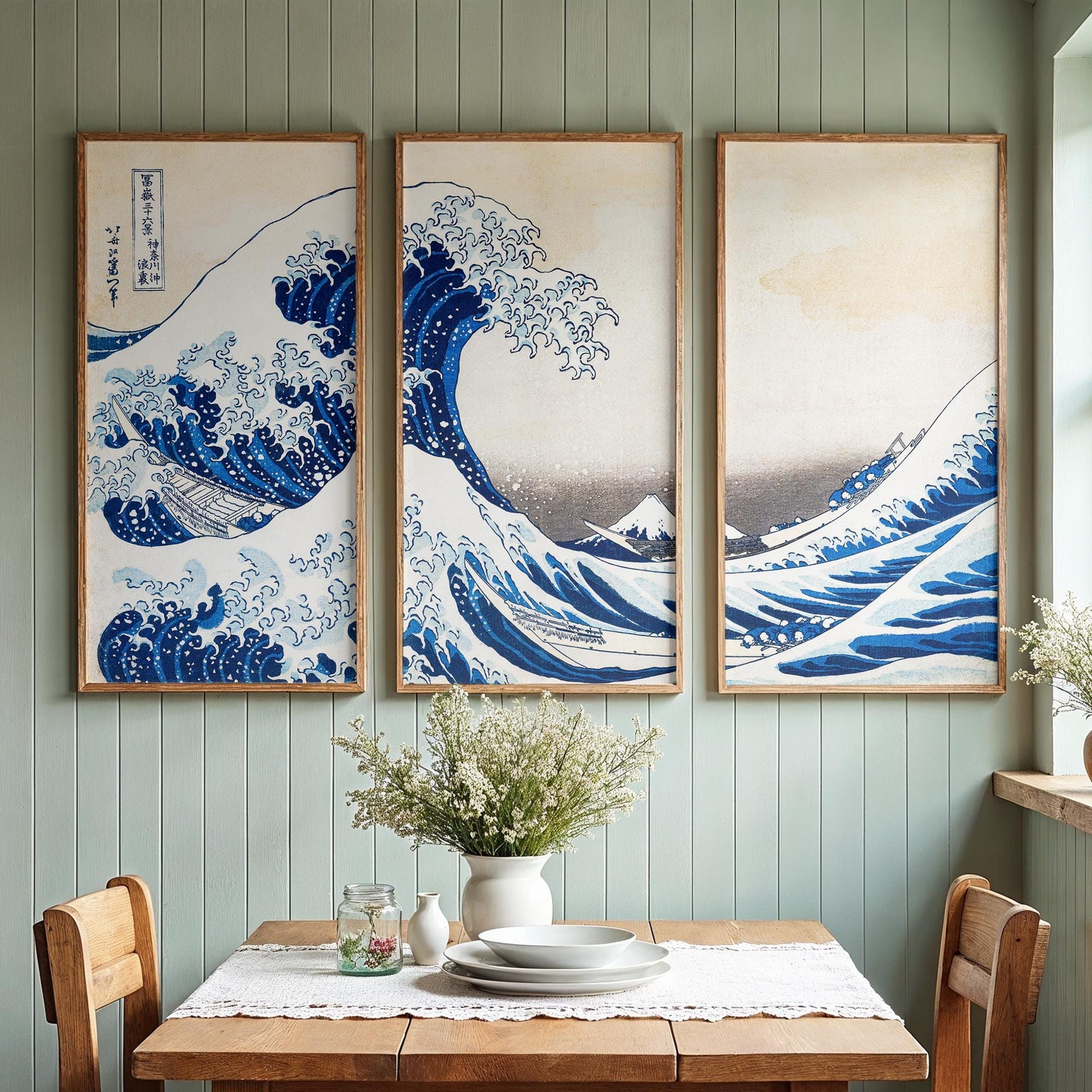 Large 3 Panel Framed Wall Art | Vintage Japanese Under the Wave Painting Split Framed Art | Panoramic Nautical Art | Peaceful Japanese Art