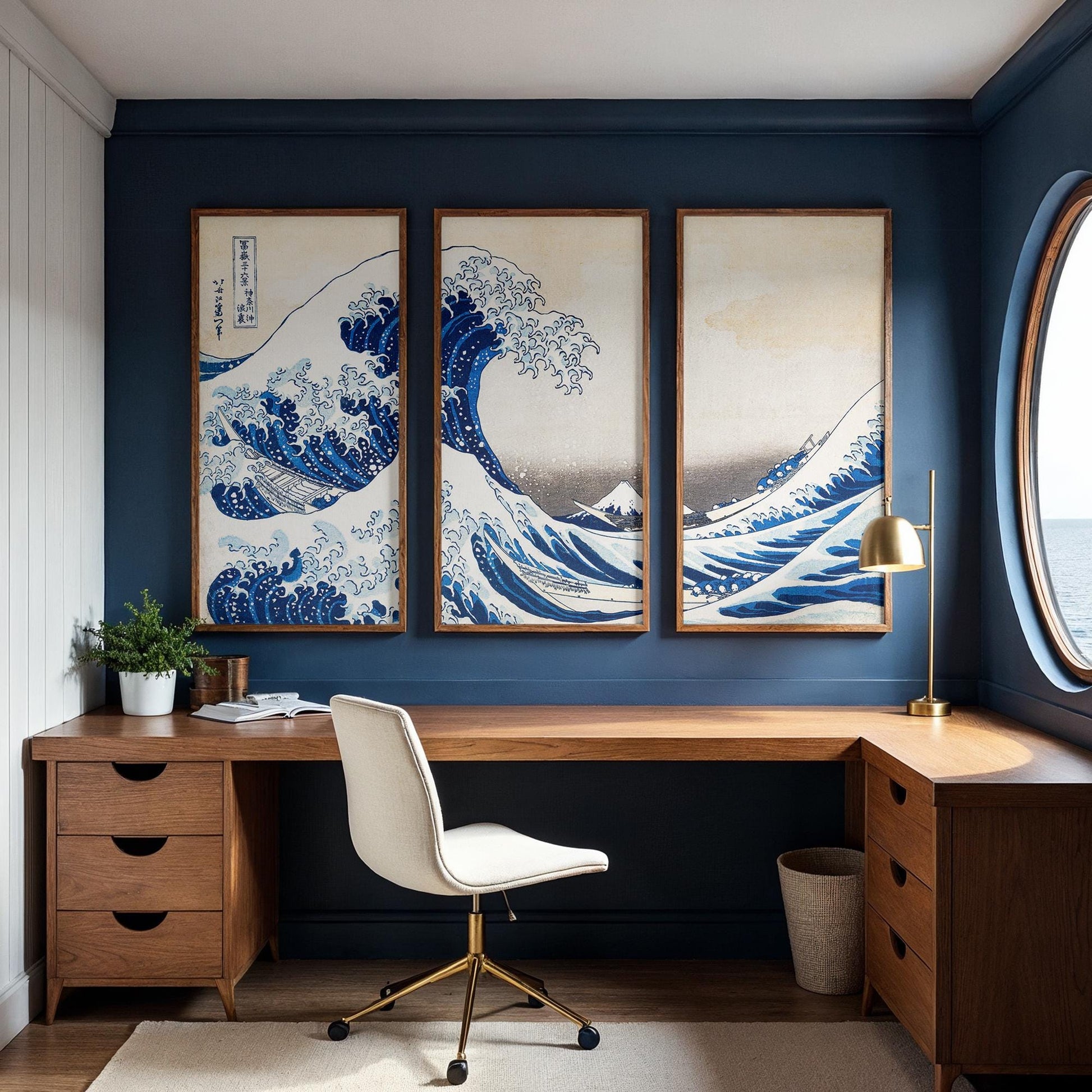 Large 3 Panel Framed Wall Art | Vintage Japanese Under the Wave Painting Split Framed Art | Panoramic Nautical Art | Peaceful Japanese Art