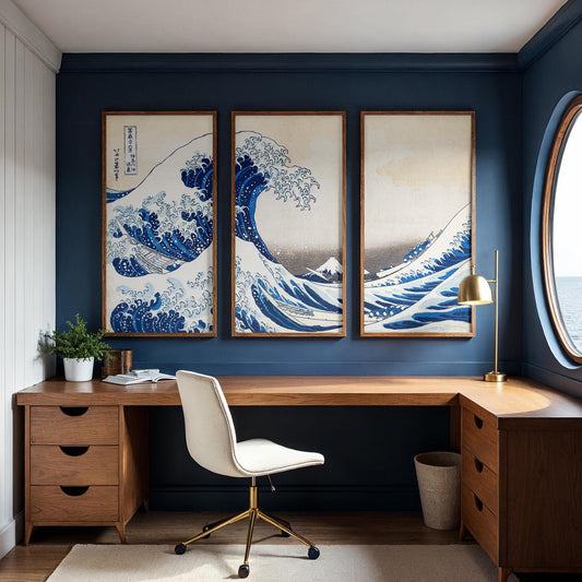Large 3 Panel Framed Wall Art | Vintage Japanese Under the Wave Painting Split Framed Art | Panoramic Nautical Art | Peaceful Japanese Art