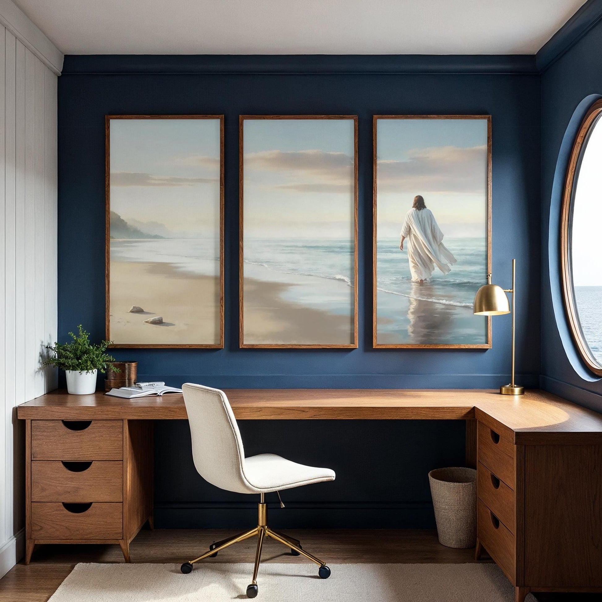Large 3 Panel Framed Wall Art | Vintage Japanese Under the Wave Painting Split Framed Art | Panoramic Nautical Art | Peaceful Japanese Art
