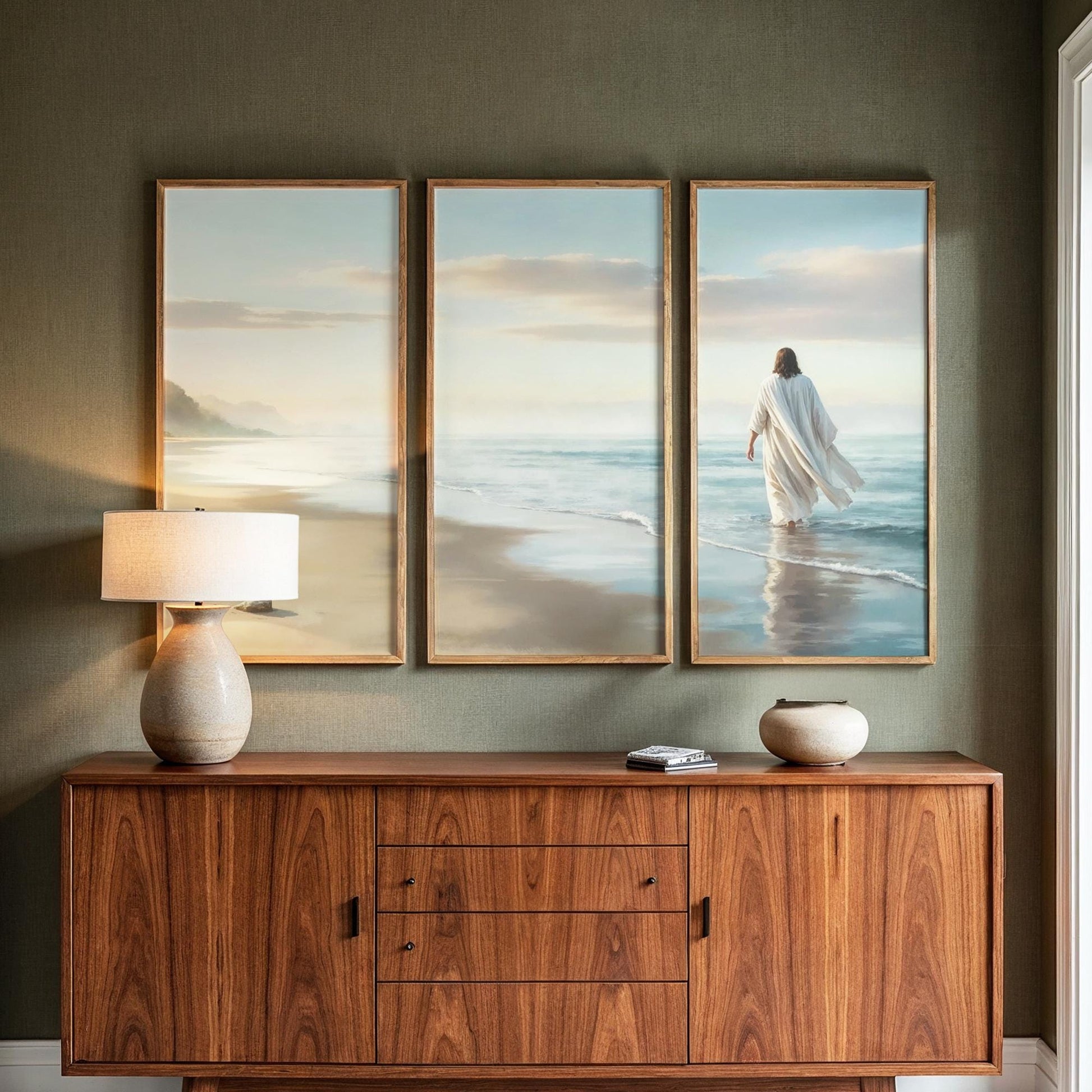 Large 3 Panel Framed Wall Art | Vintage Japanese Under the Wave Painting Split Framed Art | Panoramic Nautical Art | Peaceful Japanese Art