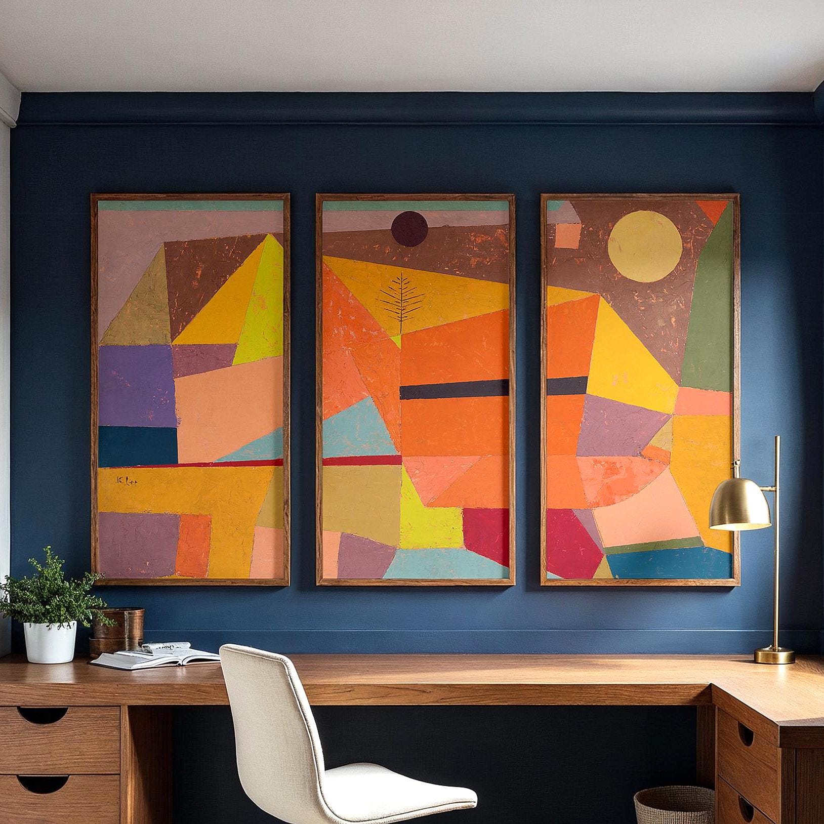 Large 3 Panel Framed Abstract Paul Klee Art | Joyful Mountain Framed Art | Abstract Landscape Fine Art | Abstract Painting Style Art
