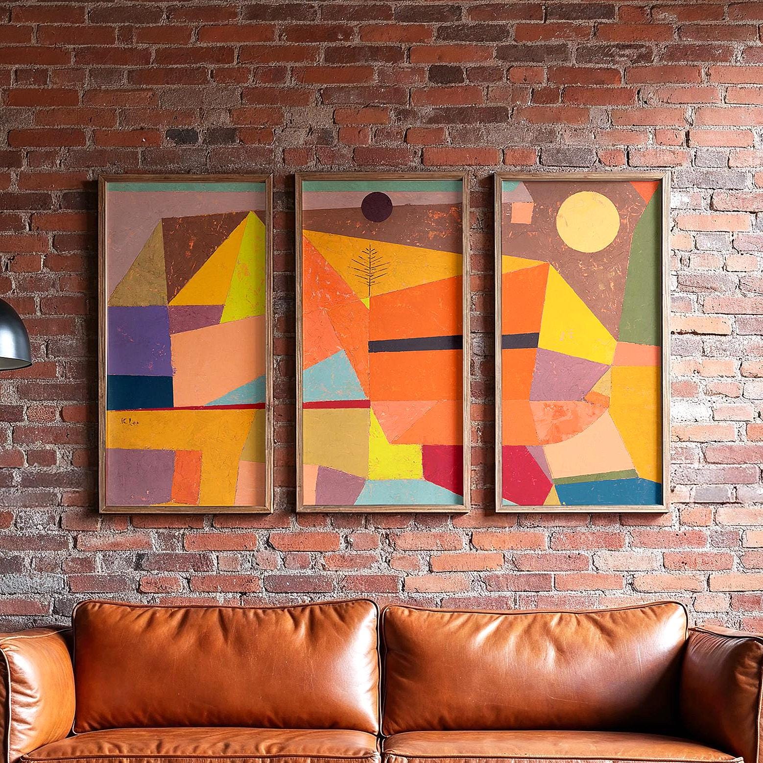 Large 3 Panel Framed Abstract Paul Klee Art | Joyful Mountain Framed Art | Abstract Landscape Fine Art | Abstract Painting Style Art