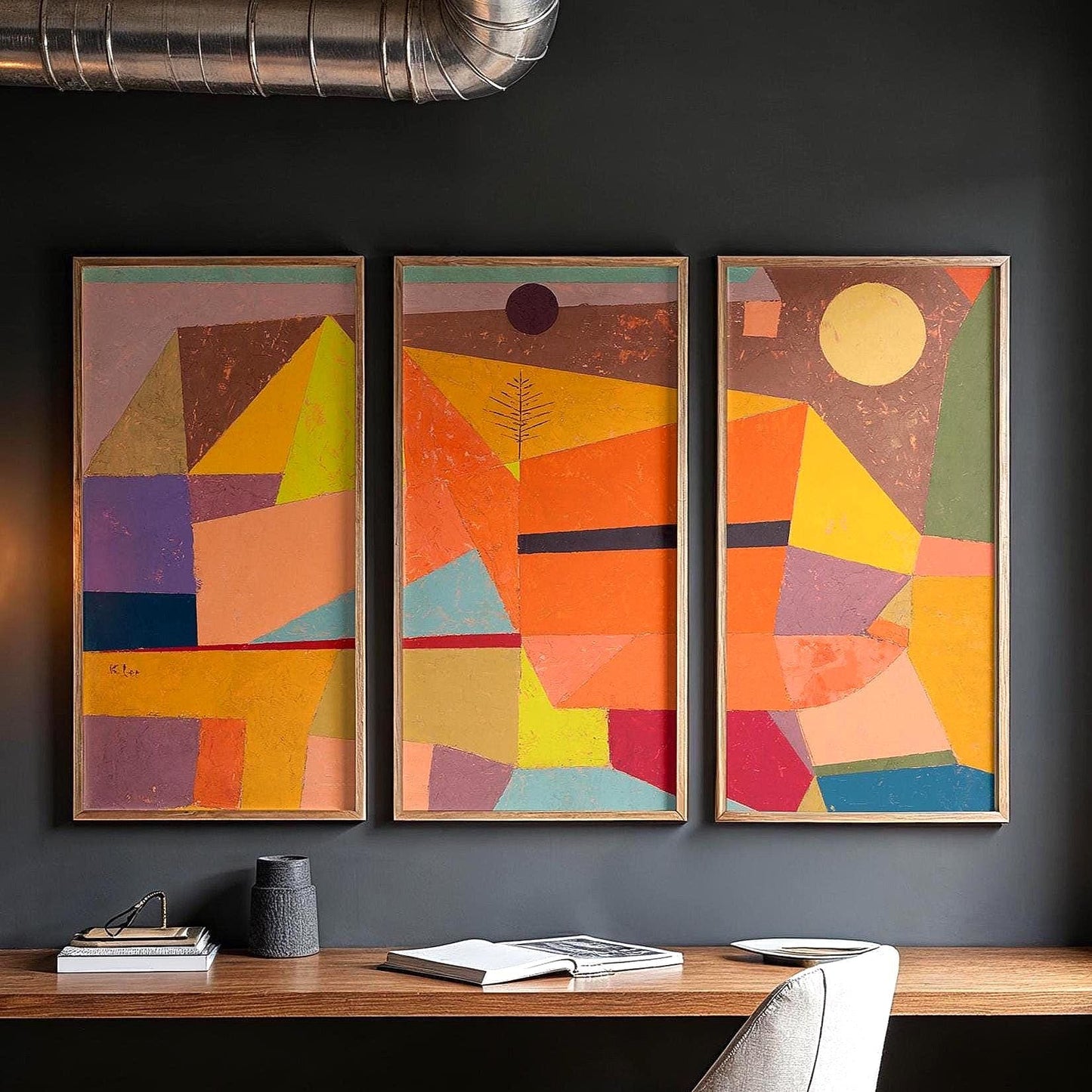 Large 3 Panel Framed Abstract Paul Klee Art | Joyful Mountain Framed Art | Abstract Landscape Fine Art | Abstract Painting Style Art