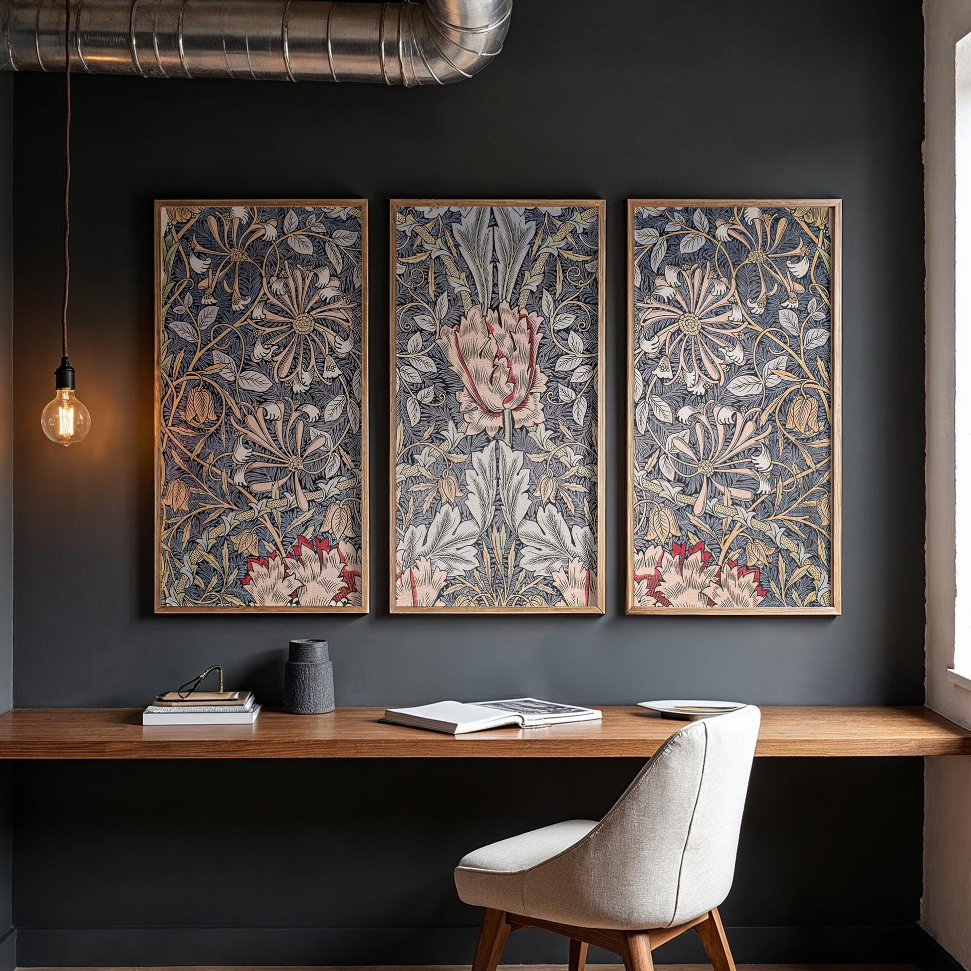 Large 3 Panel Framed Botanical Pattern Art | William Morris Framed Art | Floral Pattern Fine Art | Vintage Painting Style Art
