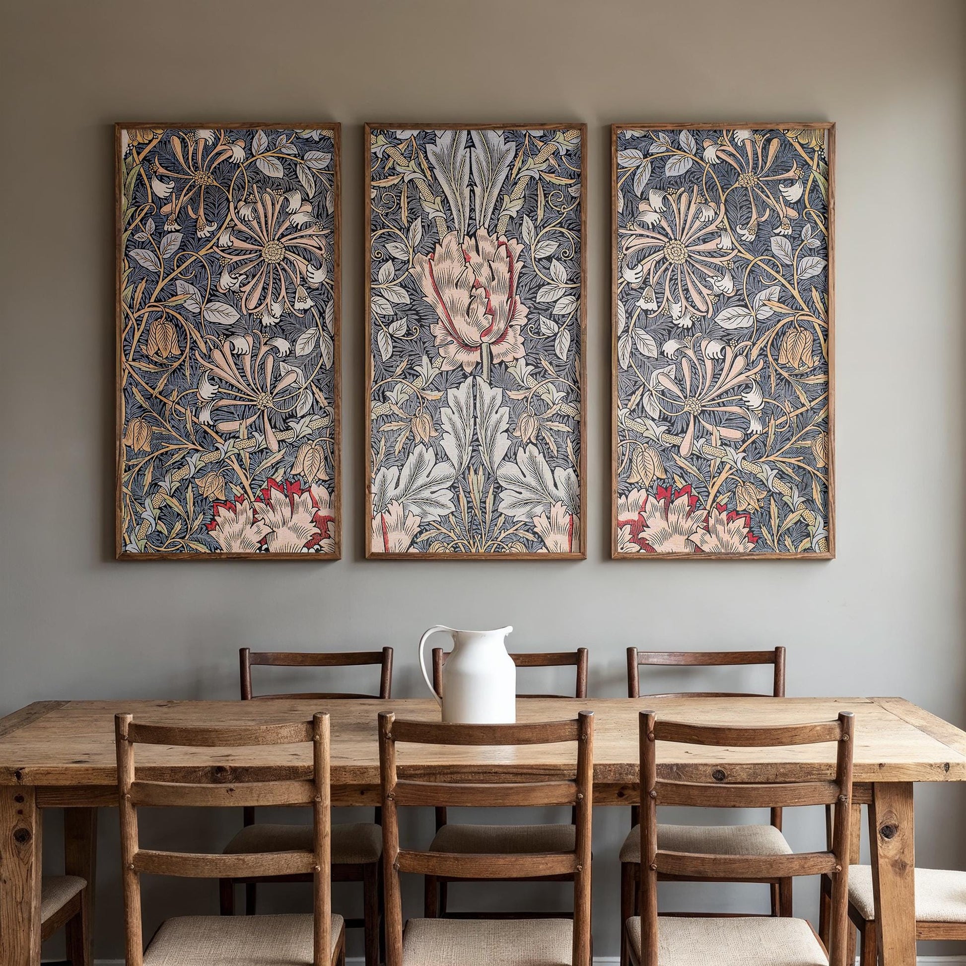 Large 3 Panel Framed Botanical Pattern Art | William Morris Framed Art | Floral Pattern Fine Art | Vintage Painting Style Art