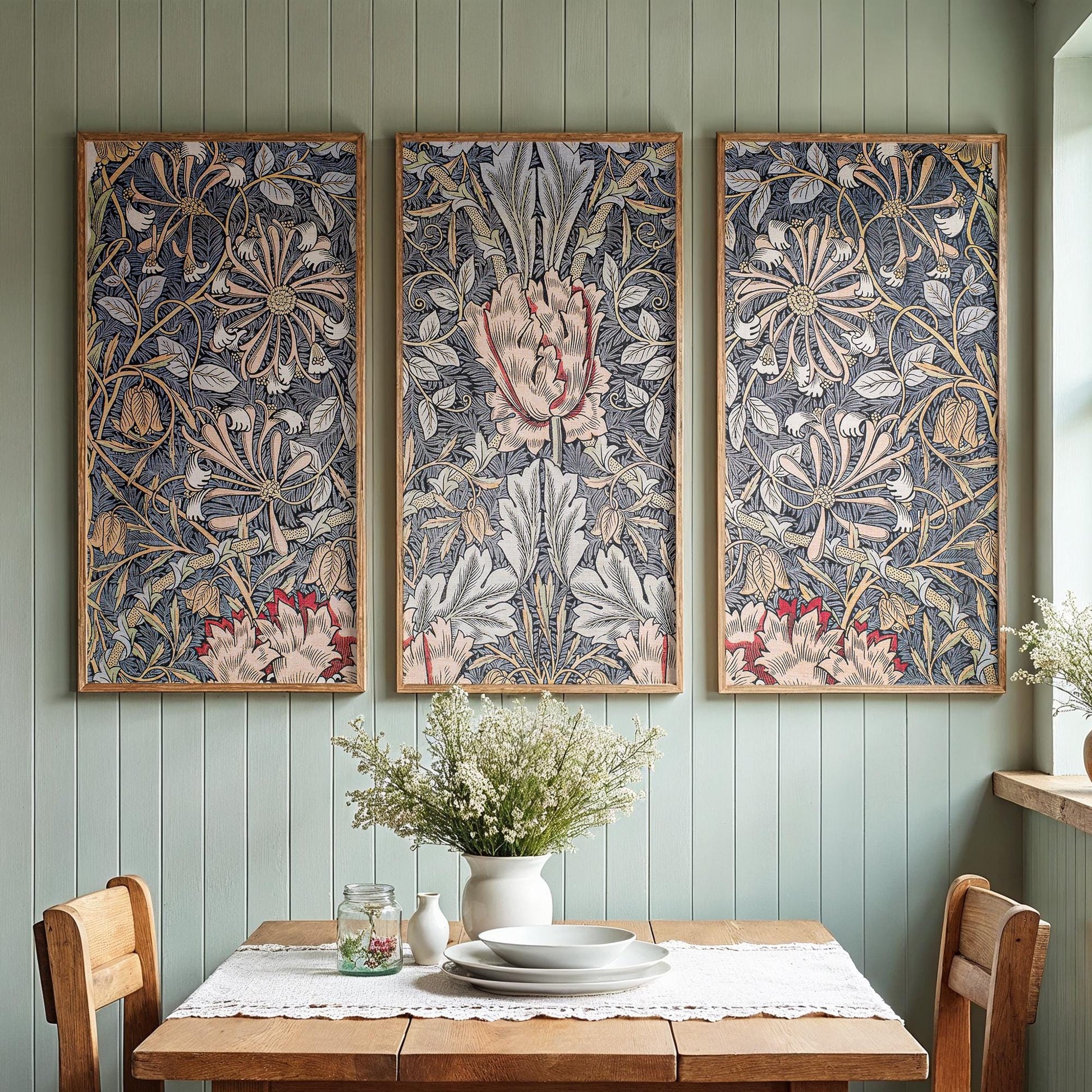 Large 3 Panel Framed Botanical Pattern Art | William Morris Framed Art | Floral Pattern Fine Art | Vintage Painting Style Art