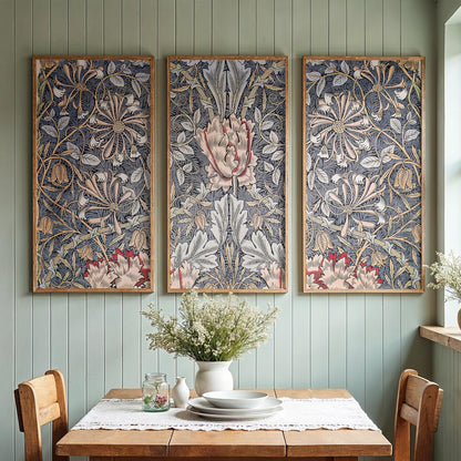 Large 3 Panel Framed Botanical Pattern Art | William Morris Framed Art | Floral Pattern Fine Art | Vintage Painting Style Art