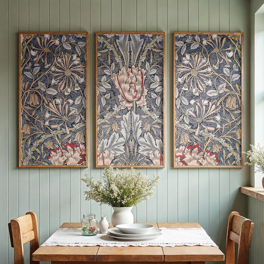 Large 3 Panel Framed Botanical Pattern Art | William Morris Framed Art | Floral Pattern Fine Art | Vintage Painting Style Art