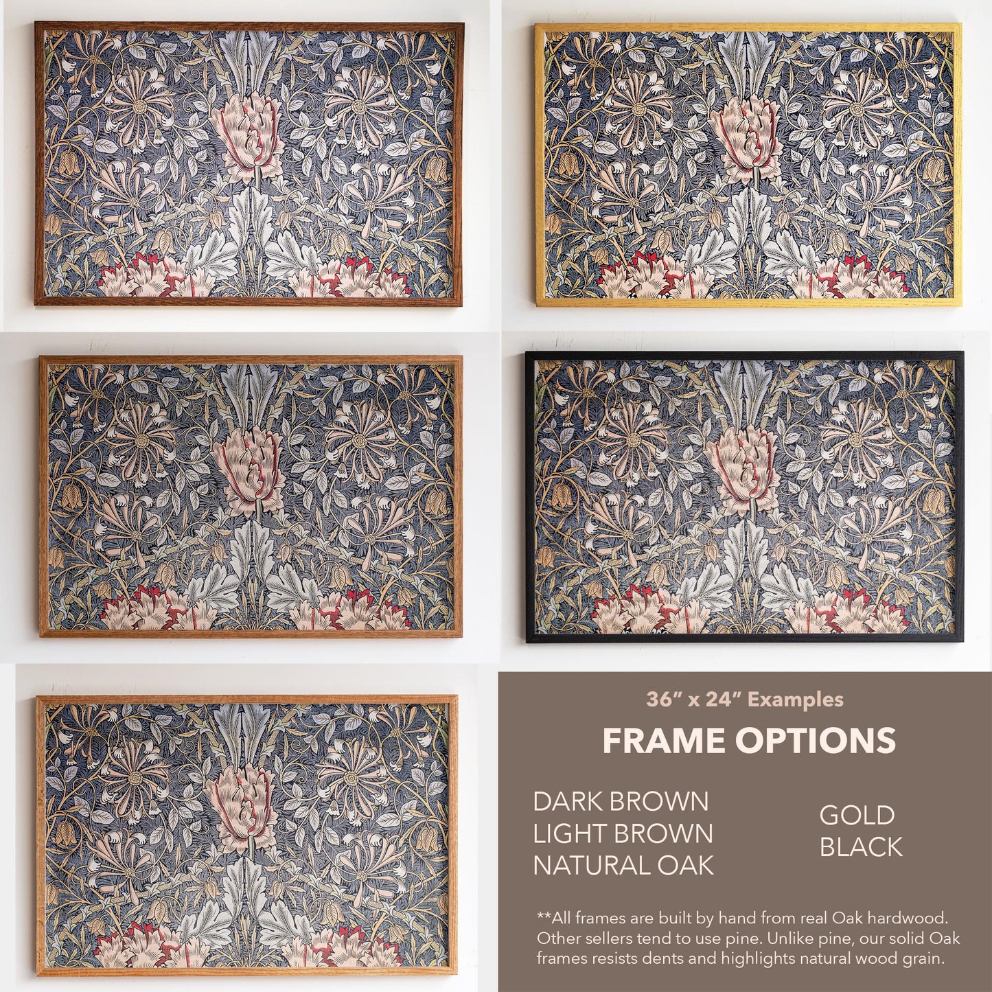 Large 3 Panel Framed Botanical Pattern Art | William Morris Framed Art | Floral Pattern Fine Art | Vintage Painting Style Art