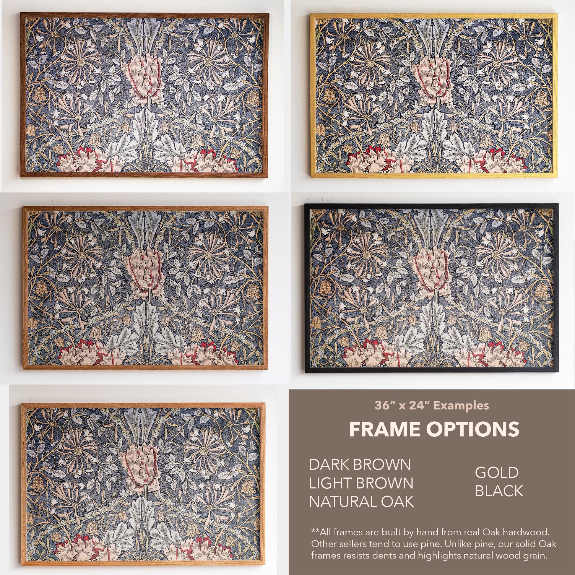 Large 3 Panel Framed Botanical Pattern Art | William Morris Framed Art | Floral Pattern Fine Art | Vintage Painting Style Art
