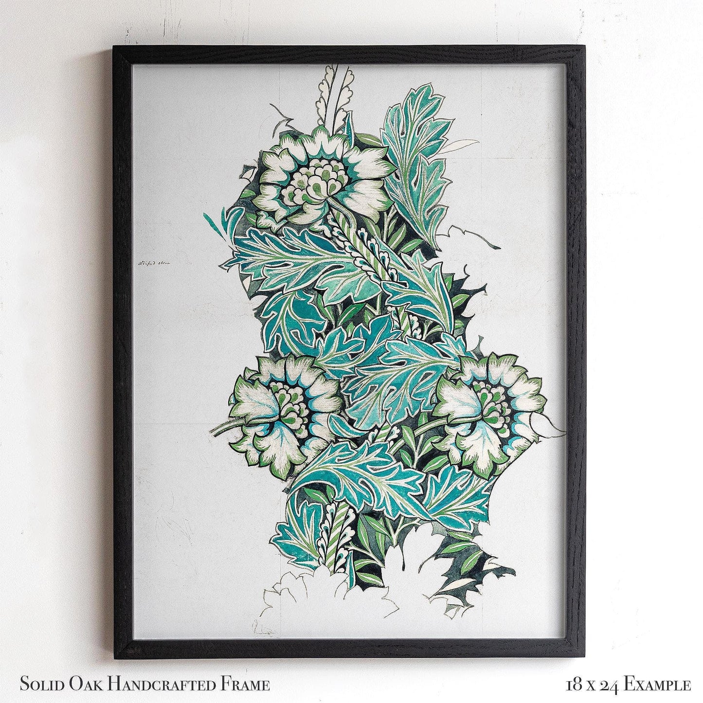 Framed Botanical Print | William Morris Design Sketch Wall Art | Green and Teal Vintage Artwork