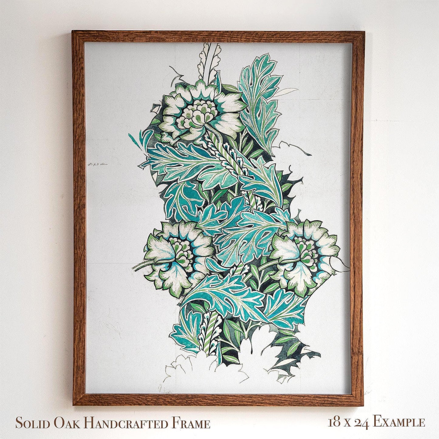 Framed Botanical Print | William Morris Design Sketch Wall Art | Green and Teal Vintage Artwork