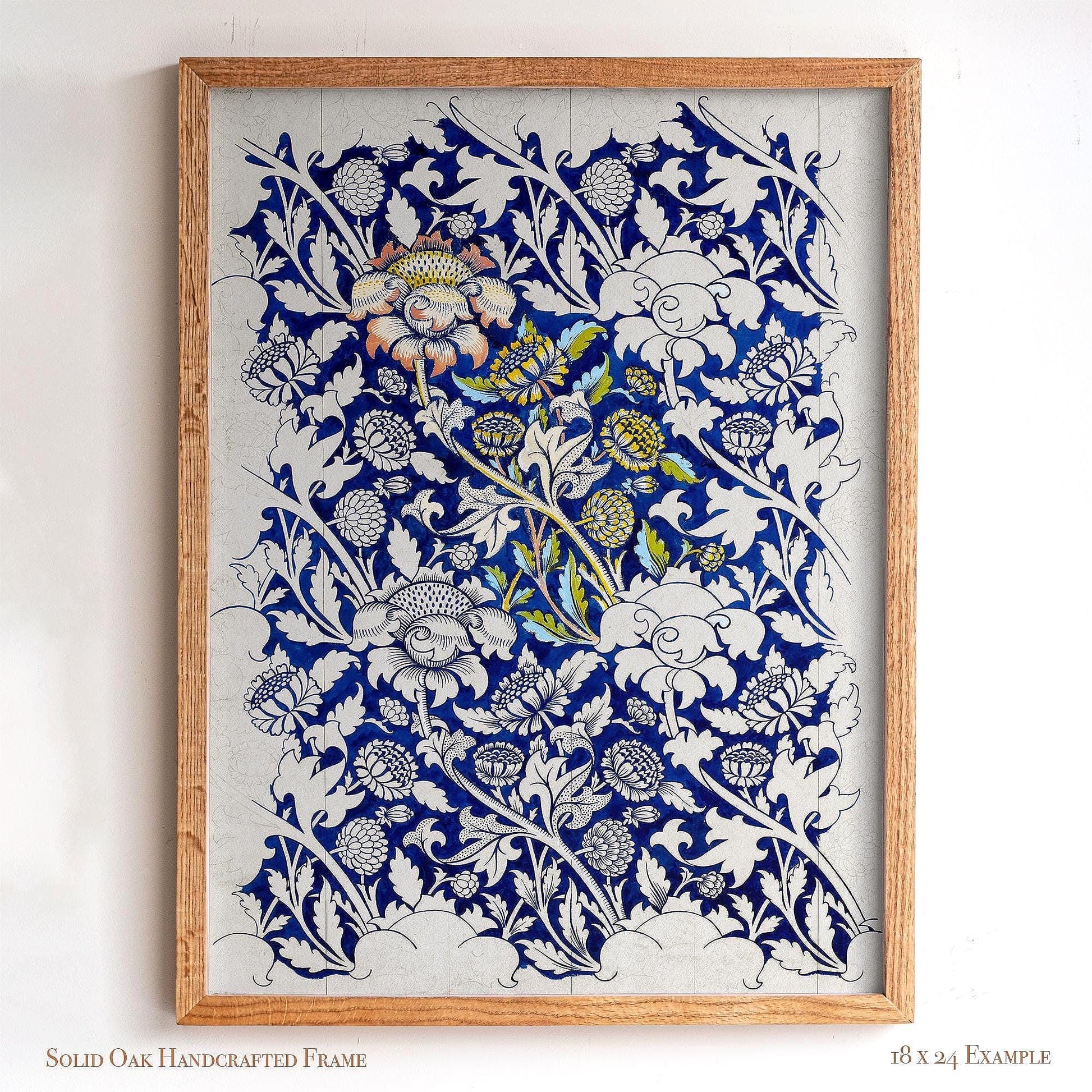 Vintage Blue Floral Print | William Morris Inspired Framed Wall Hanging | Arts and Crafts Botanical Artwork